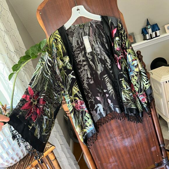 Aris A women Silk Velvet Burnout Floral Tropical Print beaded cardigan one size - Picture 6 of 12
